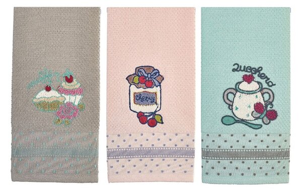 Strofinacci cucina 3 pezzi in cotone Vingi Ricami Breakfast