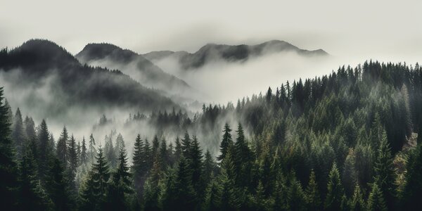 Carta da parati Foresta con nebbia e montagne, Carta da parati Montagne, Carta da parati popolare, u96027 - Tapeko.it