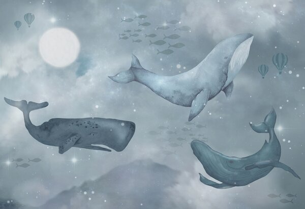 Carta da parati Tre grandi balene nuotano tra le stelle nel cielo notturno, Carta da parati Mare, u96337 : Uwalls.it