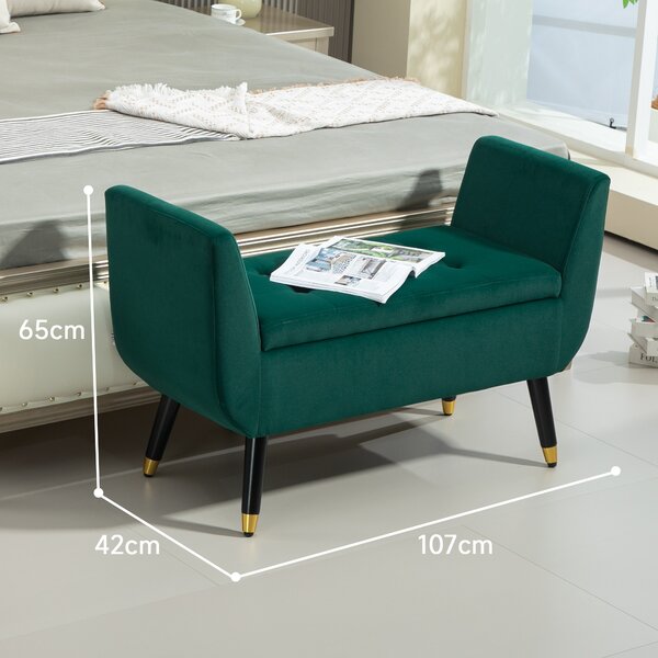 HOMCOM Panca Imbottita con Contenitore e Braccioli, Effetto Velluto, in Poliestere, 107x42x65 cm, Verde | Aosom Italy