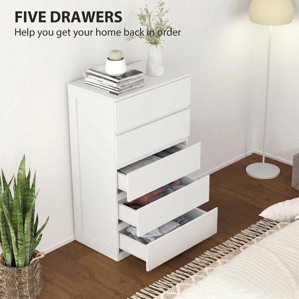 HOMCOM Cassettiera 5 Cassetti in Legno con Maniglie Scanalate, 60x38x100cm, Bianco