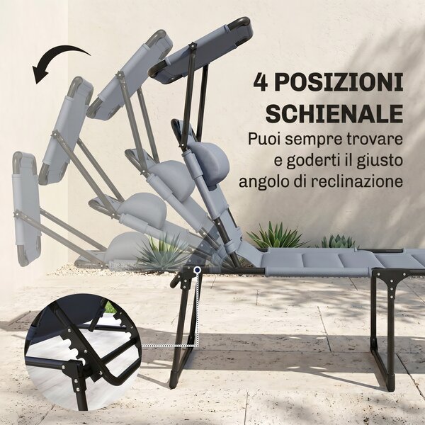 Outsunny Lettino da Giardino Pieghevole con Tettuccio e Schienale Reclinabile su 4 Livelli, Lettino Prendisole con Cuscino, Grigio | Aosom Italy