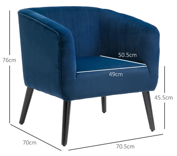 HOMCOM Poltroncina Moderna Sedia Imbottita Stile Nordico, Rivestimento in Velluto e Gambe in Legno, Blu, 71x65x76cm|Aosom