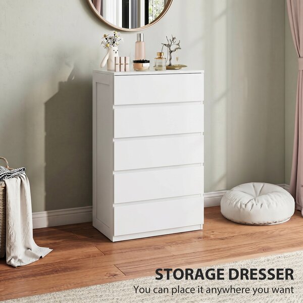 HOMCOM Cassettiera 5 Cassetti in Legno con Maniglie Scanalate, 60x38x100cm, Bianco