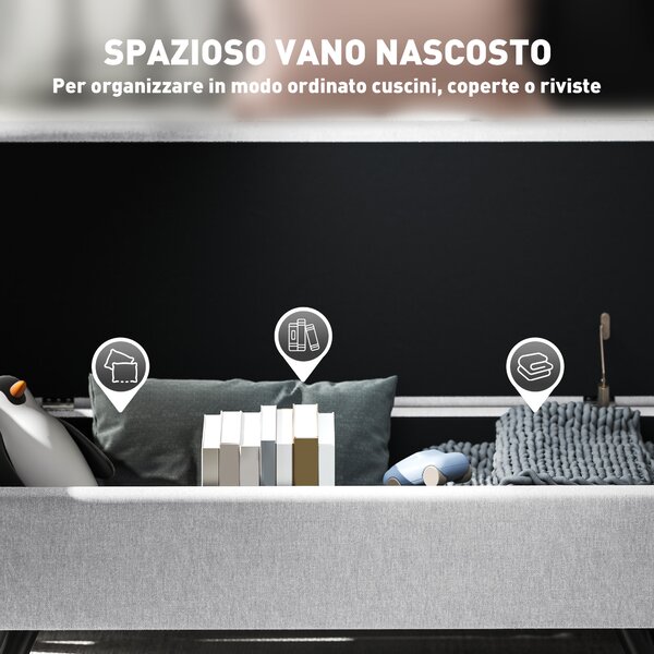 HOMCOM Panca Contenitore Fondo Letto con Braccioli in Tessuto, Gambe in Legno e Vano da 53.8L, 132x42x50 cm, Grigio | Aosom Italy