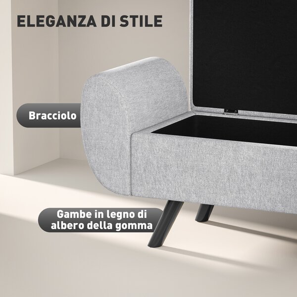 HOMCOM Panca Contenitore Fondo Letto con Braccioli in Tessuto, Gambe in Legno e Vano da 53.8L, 132x42x50 cm, Grigio | Aosom Italy