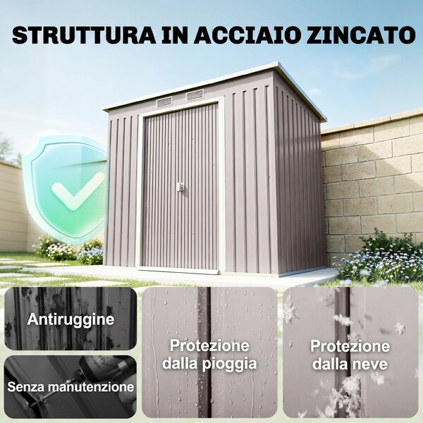 Outsunny Casetta da Giardino con Tetto Inclinato, 2 Ingressi e Prese d'Aria, Capanno Attrezzi in Acciaio Zincato, 213x130x172 cm, Grigio | Aosom Italy