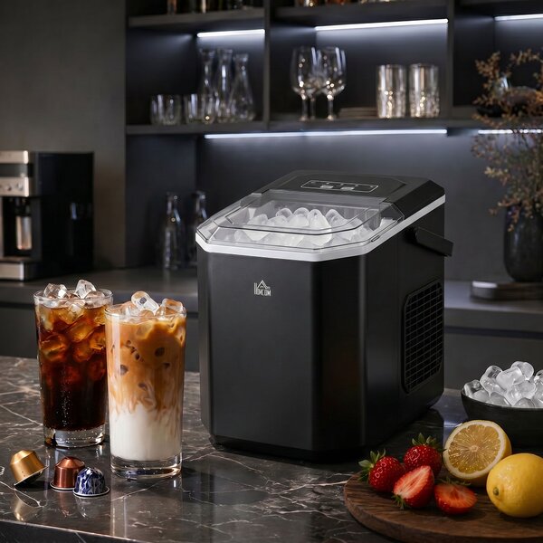 HOMCOM Macchina del Ghiaccio Autopulente da 9 Cubetti in 6-13 Minuti, in PP e Rame, 22.2x29.4x29 cm, Nera|Aosom