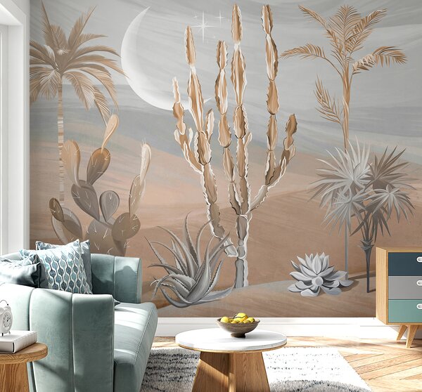 Carta da parati Deserto 3D con cactus e foglie tropicali, Carta da parati Foresta, Carta da parati Tropici della Foresta, u96444 : Uwalls.it