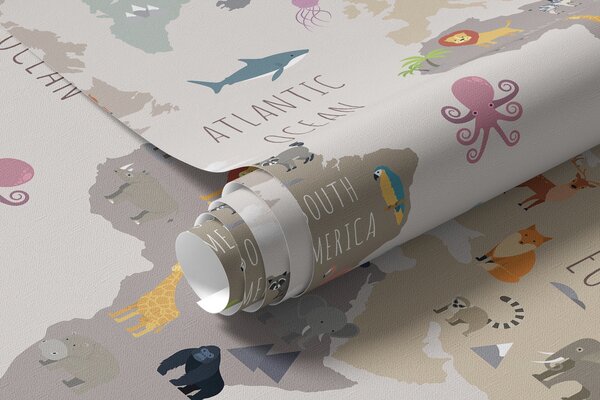 Carta da parati Mappa del mondo con animali e palloncini, Carta da parati per Bambini, u96461 : Uwalls.it