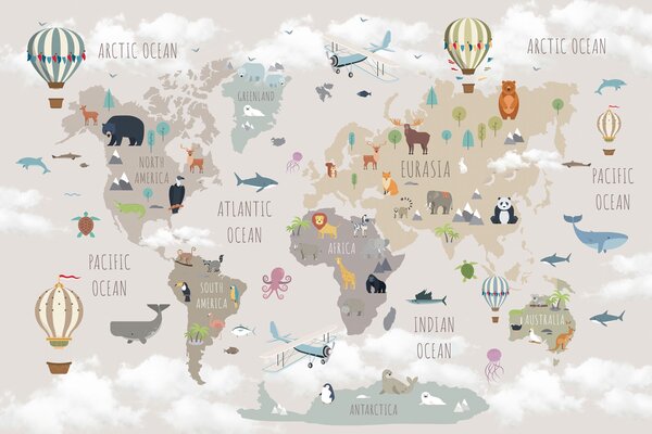 Carta da parati Mappa del mondo con animali e palloncini, Carta da parati per Bambini, u96461 : Uwalls.it