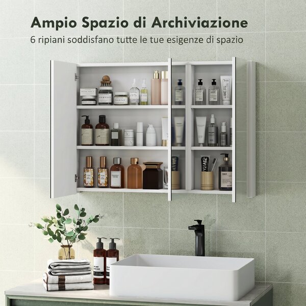 HOMCOM Specchio Bagno Contenitore con 3 Ante, 91.5x11.5x65 cm, Mobile Bagno da Parete, Ripiani Regolabili, Bianco | Aosom Italy