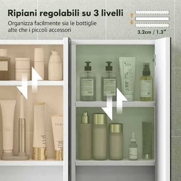 HOMCOM Specchio Bagno Contenitore con 3 Ante, 91.5x11.5x65 cm, Mobile Bagno da Parete, Ripiani Regolabili, Bianco | Aosom Italy