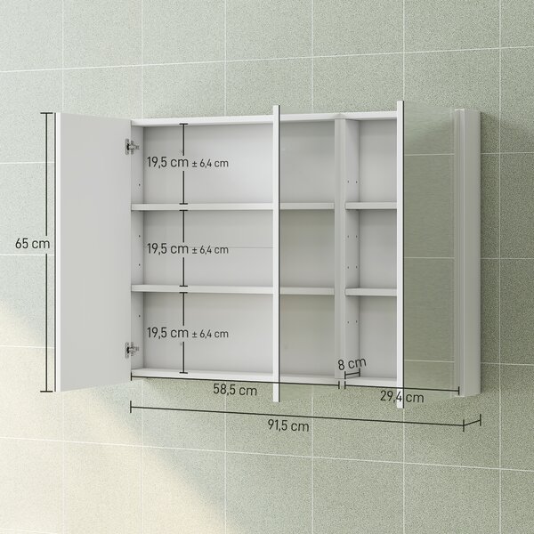 HOMCOM Specchio Bagno Contenitore con 3 Ante, 91.5x11.5x65 cm, Mobile Bagno da Parete, Ripiani Regolabili, Bianco | Aosom Italy