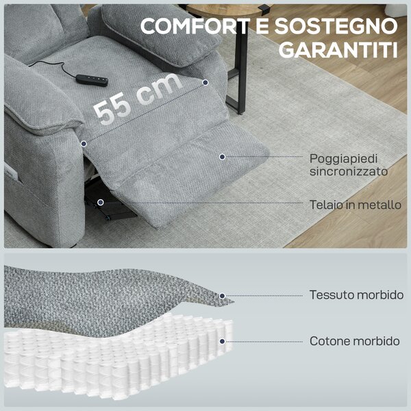 HOMCOM Poltrona Reclinabile 150° con Poggiapiedi, Telecomando e Tasca Laterale, imbottita e Velluto Effetto , 86x90x103 cm, Grigio | Aosom Italy