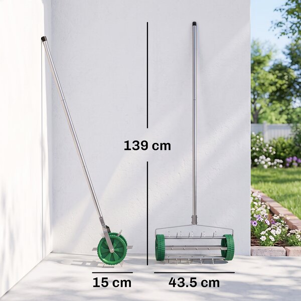 Outsunny Rastrello Scarificatore con Ruote da Giardino in Ferro zincato 135×42×15cm, Verde e argento | Aosom Italy