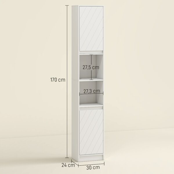 HOMCOM Mobile Colonna Bagno Salvaspazio in Legno con 2 Armadietti e Ripiani, 30x24x170 cm, Bianco | Aosom Italy