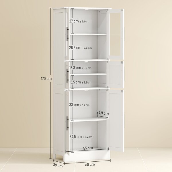 HOMCOM Mobile Bagno Alto Slim 170cm, a 6 Ripiani con Ante in Vetro, Ripiani Regolabili, per Salotto Soggiorno Cucina, Moderno, 60x30x170 cm, Bianco | Aosom Italy