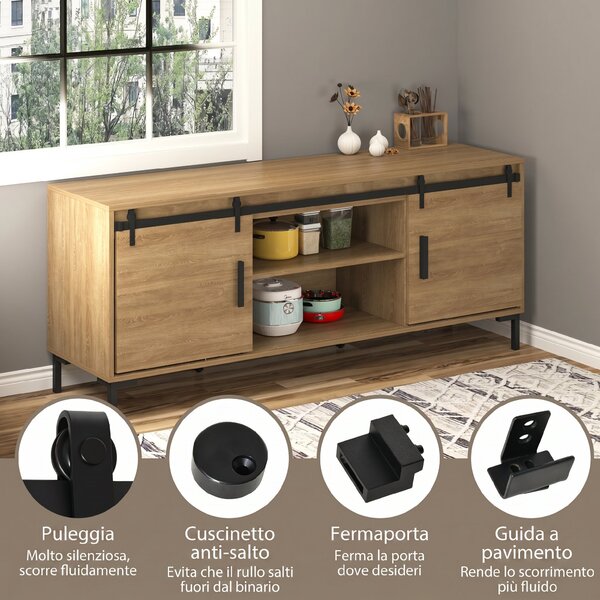 HOMCOM Kit Porta Scorrevole con Binari, Fermi e Guide, Stile Industriale, in Acciaio al Carbonio, 183x0.4x25 cm, Nero | Aosom Italy