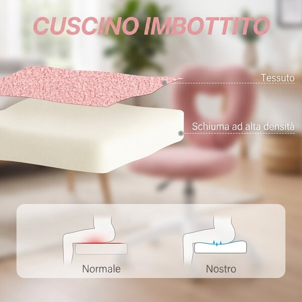 HOMCOM Sedia da ufficio girevole senza braccioli, schienale a cuore e velluto teddy, rosa | Aosom Italy