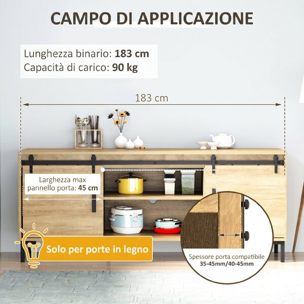 HOMCOM Kit Porta Scorrevole con Binari, Fermi e Guide, Stile Industriale, in Acciaio al Carbonio, 183x0.4x25 cm, Nero | Aosom Italy