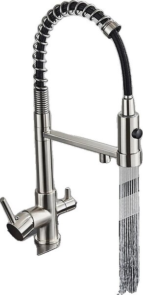 Rubinetto da cucina filtrato, doppia maniglia, installazione a parete, nichel spazzolato