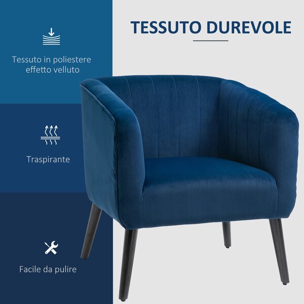 HOMCOM Poltroncina Moderna Sedia Imbottita Stile Nordico, Rivestimento in Velluto e Gambe in Legno, Blu, 71x65x76cm|Aosom