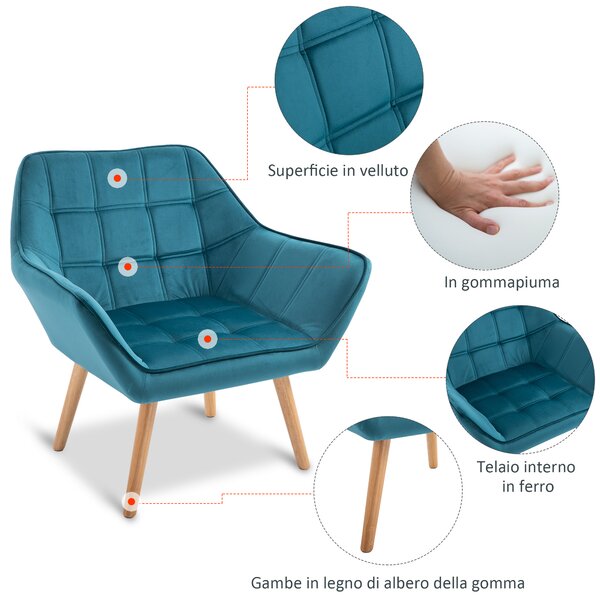 HOMCOM Poltroncina dal Design Scandinavo in Legno e Velluto Color Petrolio, per Soggiorno o Ufficio, 64x62x72.5cm|Aosom