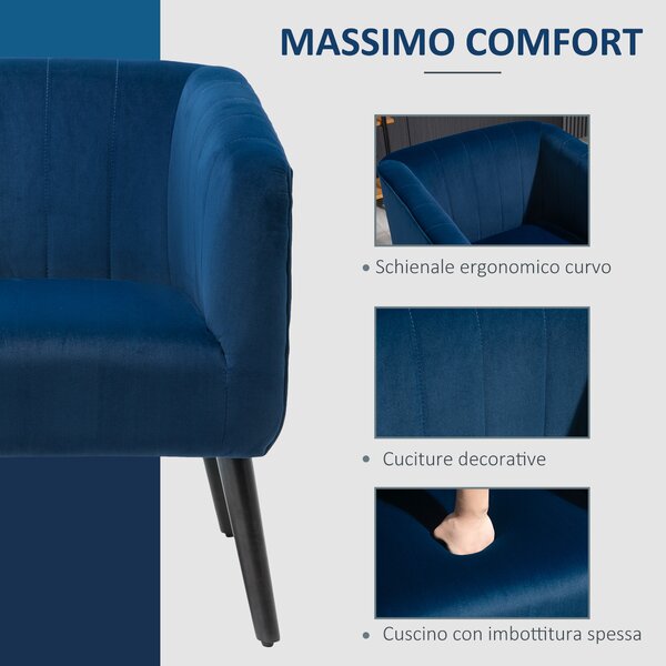 HOMCOM Poltroncina Moderna Sedia Imbottita Stile Nordico, Rivestimento in Velluto e Gambe in Legno, Blu, 71x65x76cm|Aosom