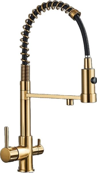 Rubinetto da cucina filtrato, doppia maniglia, installazione a parete, oro spazzolato