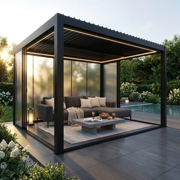 VivaGarden Laterale in Vetro per Pergola Bioclimatica con 4 Porte e Profilo Alluminio 4 m Colore Antracite