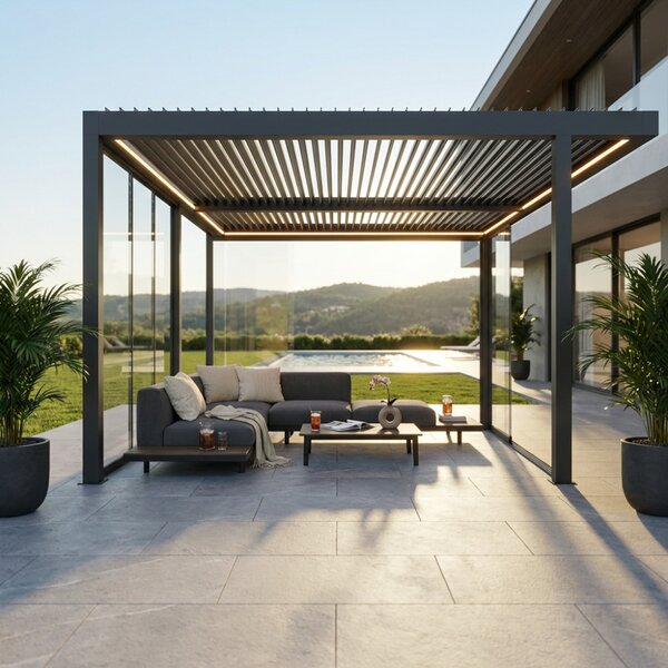 VivaGarden Laterale in Vetro per Pergola Bioclimatica con 4 Porte e Profilo Alluminio 4 m Colore Antracite