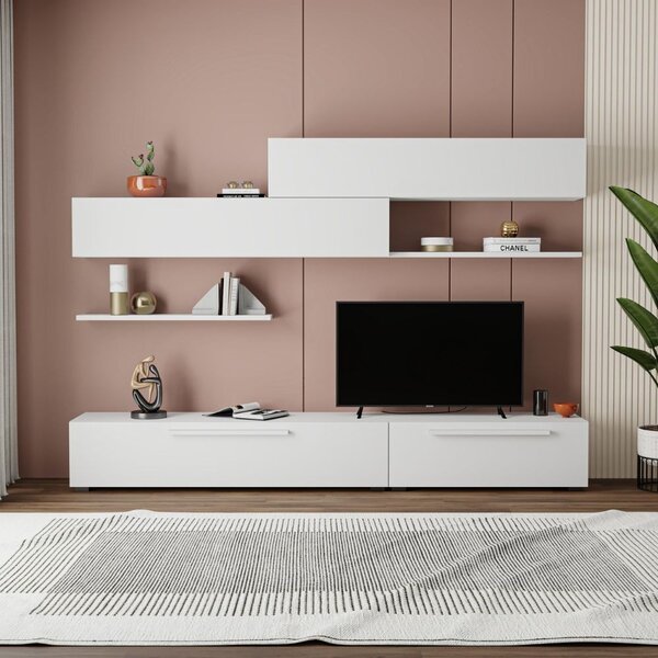 DecHome Parete Attrezzata Moderna Mobile TV + 2 Mobili a Parete + 2 Mensole Dimensioni 260x42 cm colore Bianco - Kombat