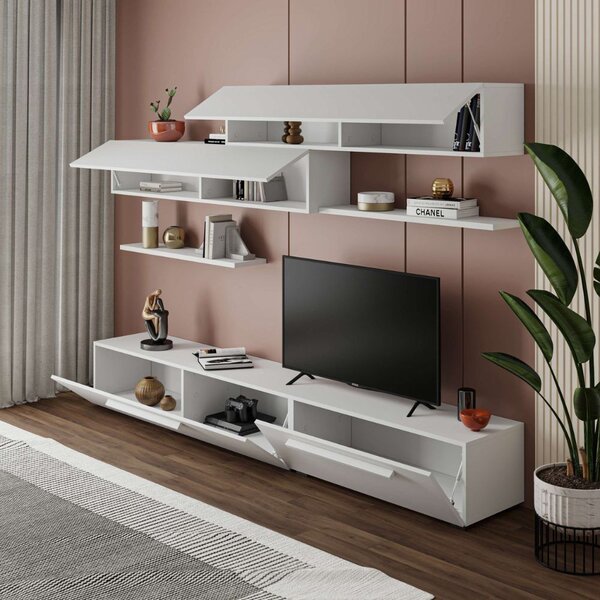 DecHome Parete Attrezzata Moderna Mobile TV + 2 Mobili a Parete + 2 Mensole Dimensioni 260x42 cm colore Bianco - Kombat