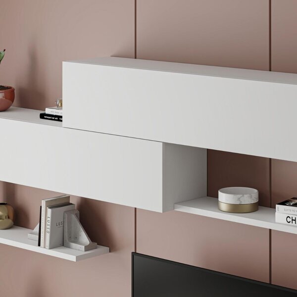 DecHome Parete Attrezzata Moderna Mobile TV + 2 Mobili a Parete + 2 Mensole Dimensioni 260x42 cm colore Bianco - Kombat
