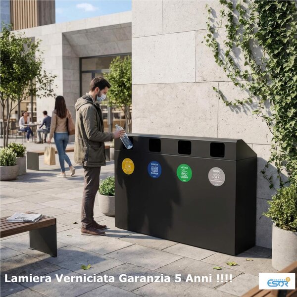 Pattumiera, Mobiletto per raccolta differenziata in acciaio | 4 scomparti da 240Lt Dimensioni 30x120xh 80 cm 4 scomparti da 240 litri totali 4 Etichette colore Antracite