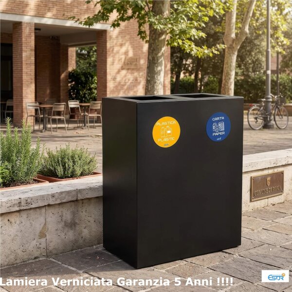 Pattumiera, Mobiletto per raccolta differenziata in acciaio 2 scomparti da 120L Dimensioni 30x60xh 80 cm 2 scomparti da 120 litri totali, 4 Etichette colore Antracite