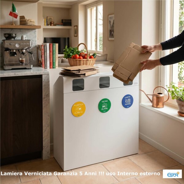 Pattumiera, Mobiletto per raccolta differenziata in acciaio 3 scomparti da 180L Dimensioni 30x90xh 100 cm 3 scomparti da 180 litri totali, 4 etichette colore Bianco
