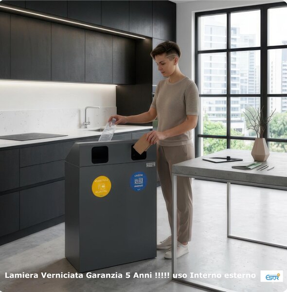 Pattumiera, Mobiletto per raccolta differenziata in acciaio 2 scomparti da 120L Dimensioni 30x60xh 96 cm 2 scomparti da 120 litri totali, 4 Etichette colore Antracite