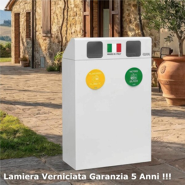 Pattumiera, Mobiletto per raccolta differenziata in acciaio 2 scomparti da 120L Dimensioni 30x60xh 96 cm 2 scomparti da 120 litri totali, 4 Etichette colore Bianco