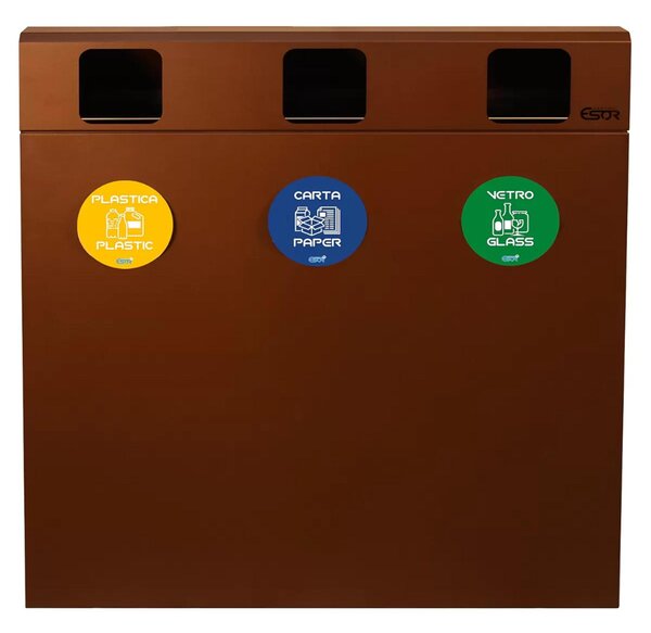 Pattumiera, Mobiletto per raccolta differenziata in acciaio 3 scomparti da 180L Dimensioni 30x90xh 100 cm 3 scomparti da 180 litri totali, 4 etichette colore Corten