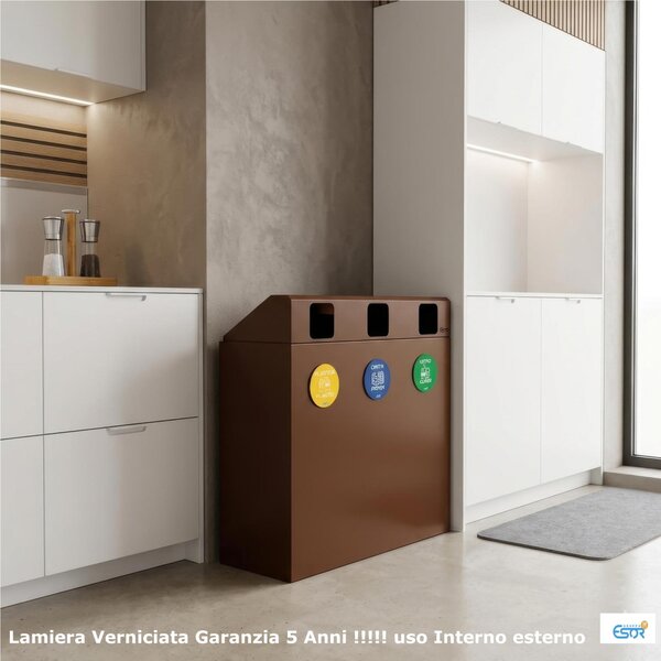 Pattumiera, Mobiletto per raccolta differenziata in acciaio 3 scomparti da 180L Dimensioni 30x90xh 100 cm 3 scomparti da 180 litri totali, 4 etichette colore Corten