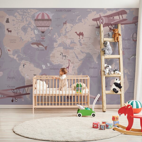 Carta da parati Mappa del mondo per bambini con animali in blu, Carta da parati per Bambini, u36066v3 : Uwalls.it