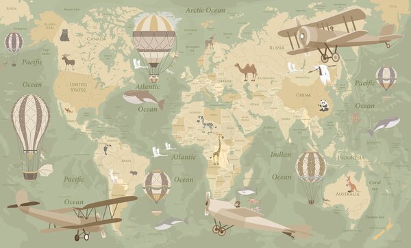 Carta da parati Mappa del mondo per bambini con animali in blu, Carta da parati per Bambini, u36066v2 : Uwalls.it