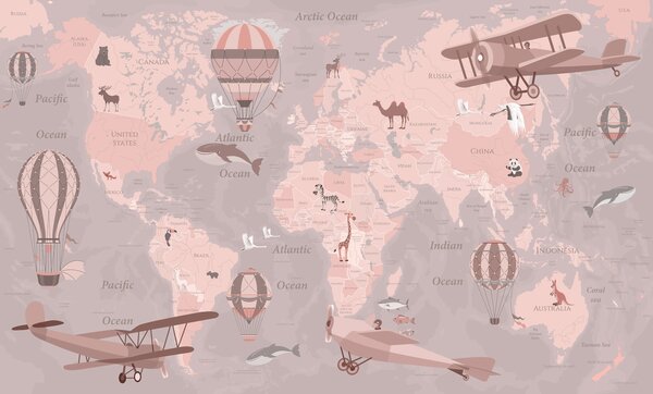 Carta da parati Mappa del mondo per bambini con animali in rosa, Carta da parati per Bambini, u36066v6 : Uwalls.it