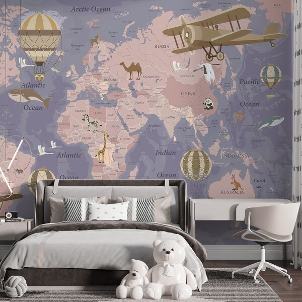 Carta da parati Mappa del mondo per bambini con animali di colore verde, Carta da parati per Bambini, u36066v4 : Uwalls.it