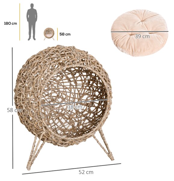 PawHut Cesta Rialzata per Gatti Fino a 10kg, Cuccia per Animali Domestici in Rattan PE Color Legno (Φ52x58cm)|Aosom