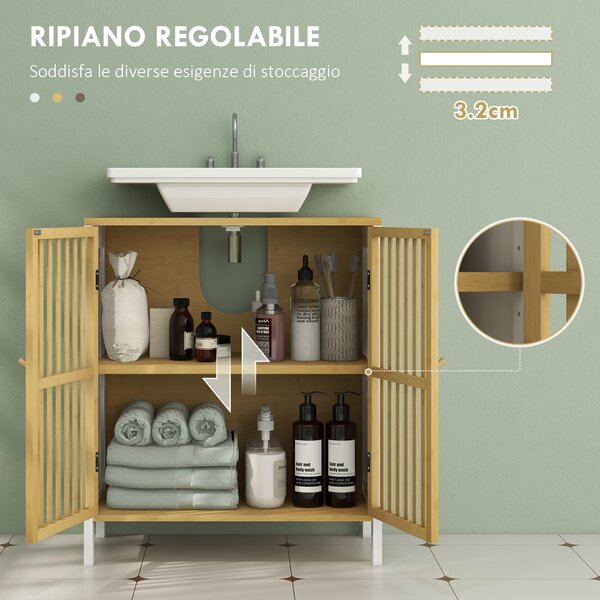 HOMCOM Mobile Sottolavabo Bagno con 2 Ante a Doghe in Legno di Bambù e MDF con Intaglio a U, 60x30x70cm, Bianco | Aosom Italy