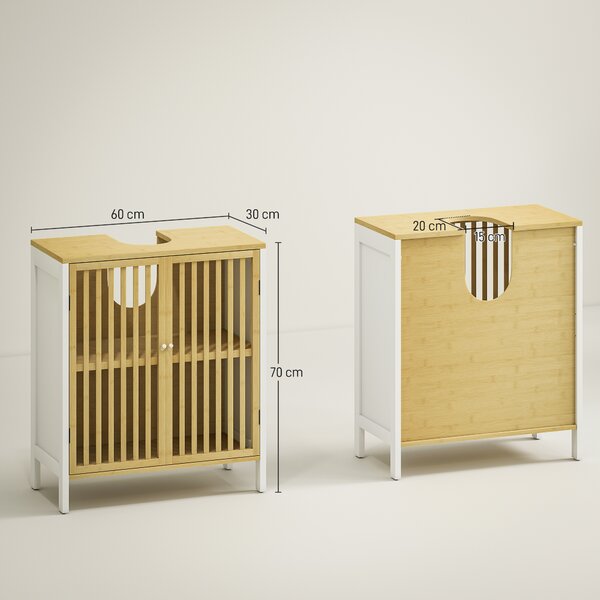 HOMCOM Mobile Sottolavabo Bagno con 2 Ante a Doghe in Legno di Bambù e MDF con Intaglio a U, 60x30x70cm, Bianco | Aosom Italy