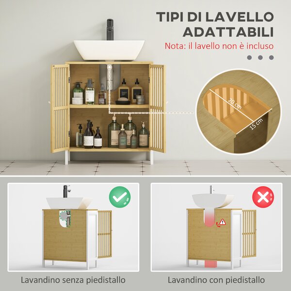 HOMCOM Mobile Sottolavabo Bagno con 2 Ante a Doghe in Legno di Bambù e MDF con Intaglio a U, 60x30x70cm, Bianco | Aosom Italy
